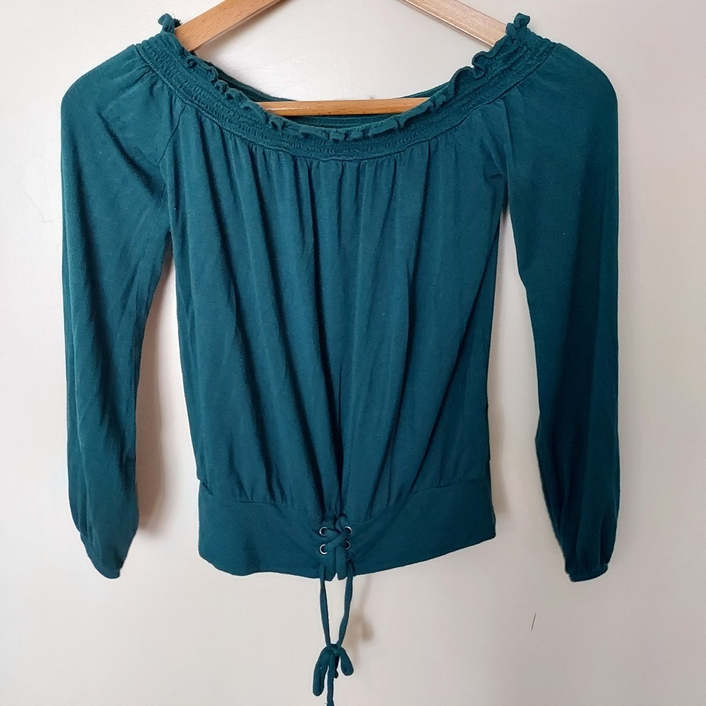 Aeropostale  XS Teal Green Off Shoulder Ruffle Knit Top Festival Boho Peasant - Picture 2 of 7